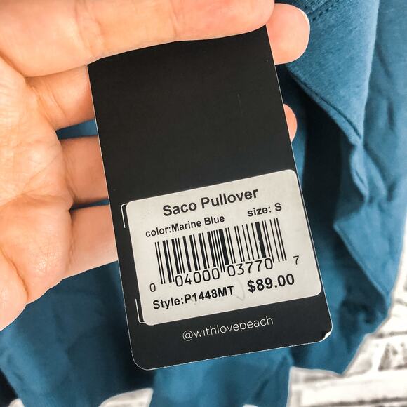 Peach Saco Pullover Marine Blue V Neck Soft Athletic Off Shoulder Sz. S NEW - Picture 11 of 12